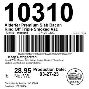 Alderfer Premium Slab Bacon Rind Off Triple Smoked Vac