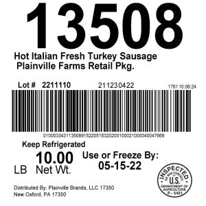 Hot Italian Fresh Turkey Sausage Plainville Farms Retail Pkg.