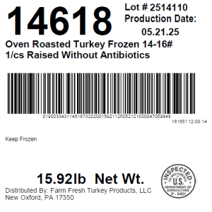 Oven Roasted Turkey Frozen 14-16# 1/cs Raised Without Antibiotics