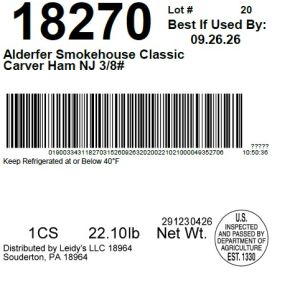 Alderfer Smokehouse Classic Carver Ham NJ 3/8#
