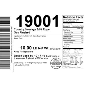 Cntry Style Rope Fresh Pork Sausage 2/5# Rope Gas Flushed