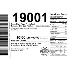 Cntry Style Rope Fresh Pork Sausage 2/5# Gas Flushed