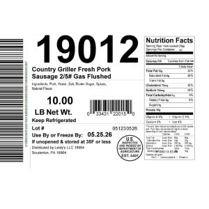 Country Griller Fresh Pork Sausage 2/5# Gas Flushed
