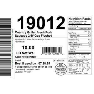 Country Griller Fresh Pork Sausage 2/5# Gas Flushed