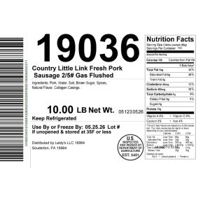 Country Little Link Fresh Pork Sausage 2/5# Gas Flushed