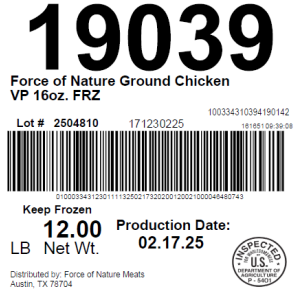 Force of Nature Ground Chicken VP 16oz. FRZ