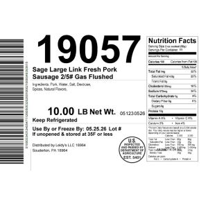 Sage Large Link Fresh Pork Sausage 2/5# Gas Flushed