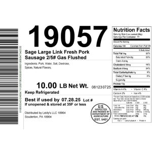 Sage Large Link Fresh Pork Sausage 2/5# Gas Flushed
