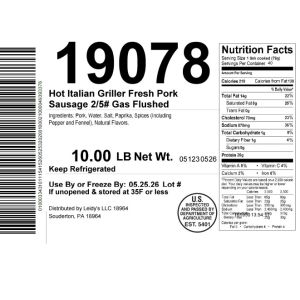 Hot Italian Griller Fresh Pork Sausage 2/5# Gas Flushed