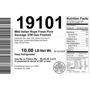 Mild Italian Rope Fresh Pork Sausage 2/5# Gas Flushed