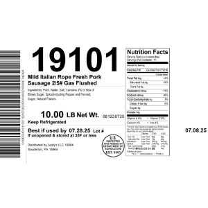 Mild Italian Rope Fresh Pork Sausage 2/5# Gas Flushed