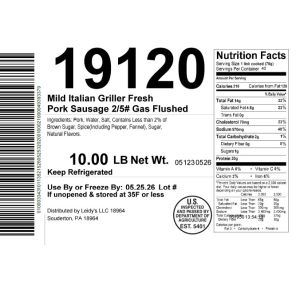 Mild Italian Griller Fresh Pork Sausage 2/5# Gas Flushed
