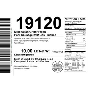Mild Italian Griller Fresh Pork Sausage 2/5# Gas Flushed