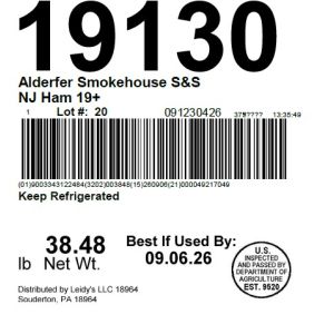 Alderfer Smokehouse S&S NJ Ham 19+