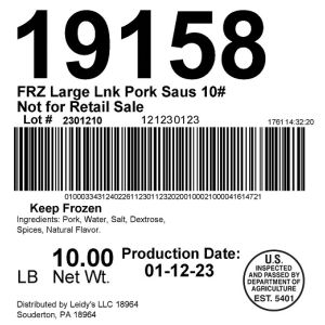 Frz Large Link Pork Sausage 10# Not for Retail Sale