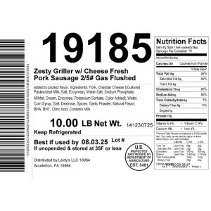 Zesty Griller w/ Cheese Fresh Pork Sausage 2/5# Gas Flushed