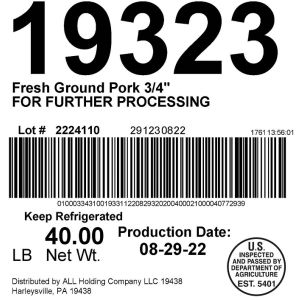Fresh Ground Pork 3/4 FOR FURTHER PROCESSING
