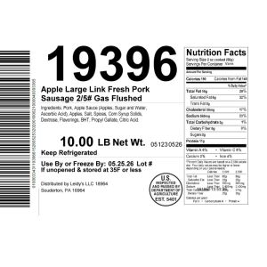 Apple Large Link Fresh Pork Sausage 2/5# Gas Flushed