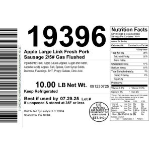 Apple Large Link Fresh Pork Sausage 2/5# Gas Flushed