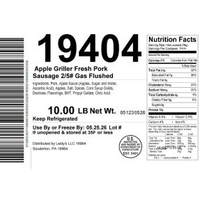 Apple Griller Fresh Pork Sausage 2/5# Gas Flushed