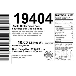 Apple Griller Fresh Pork Sausage 2/5# Gas Flushed