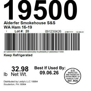 Alderfer Smokehouse S&S WA Ham 16-19