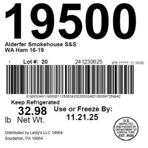 Alderfer Smokehouse S&S WA Ham 16-19