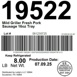 Mild Griller Fresh Pork Sausage 16oz Tray
