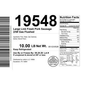 Large Link Fresh Pork Sausage 2/5# Gas Flushed
