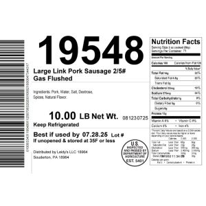 Large Link Fresh Pork Sausage 2/5# Gas Flushed