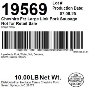 Cheshire Frz Large Link Pork Sausage Not for Retail Sale