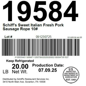 Schiff's Sweet Italian Fresh Pork Sausage Rope 10#
