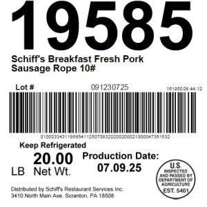 Schiff's Breakfast Fresh Pork Sausage Rope 10#