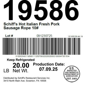 Schiff's Hot Italian Fresh Pork Sausage Rope 10#