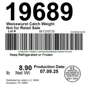 Weisswurst Catch Weight Not for Retail Sale