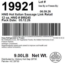 HNG Hot Italian Sausage Link Retail 12 oz. HNG # 999245