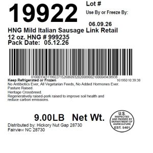 HNG Mild Italian Sausage Link Retail 12 oz. HNG # 999235