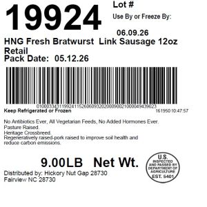 HNG Fresh Bratwurst  Link Sausage 12oz Retail