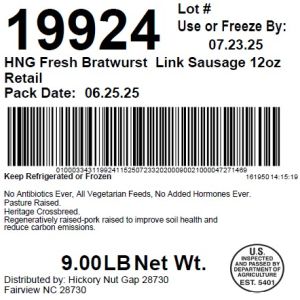 HNG Fresh Bratwurst  Link Sausage 12oz Retail