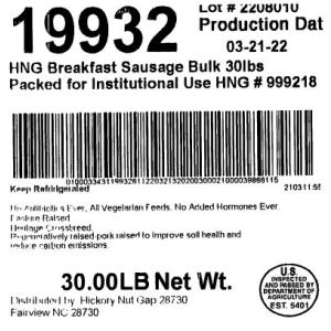 HNG Breakfast Sausage Bulk 30lbs Packed for Institutional Use HNG # 999218
