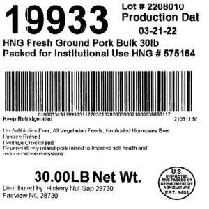 HNG Fresh Ground Pork Bulk 30lb Packed for Institutional Use HNG # 575164
