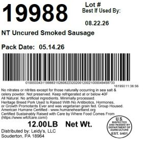 NT Uncured Smoked Sausage