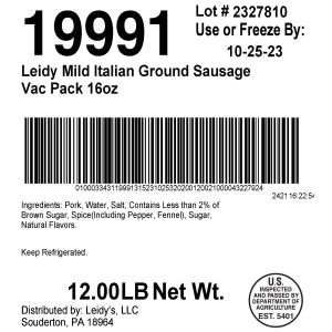 Leidy Mild Italian Ground Sausage Vac Pack 16oz