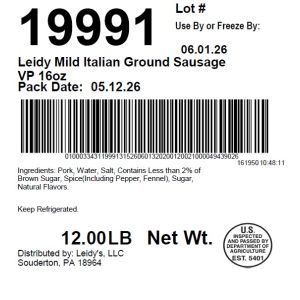 Leidy Mild Italian Ground Sausage VP 16oz
