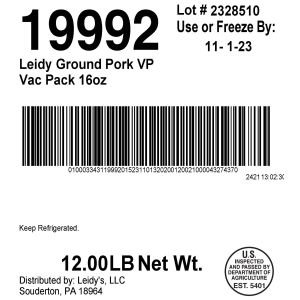 Leidy Ground Pork VP Vac Pack 16oz