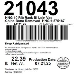 HNG 10 Rib Rack BI Loin Vac Chine Bone Removed  HNG # 575187