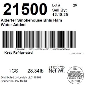 Alderfer Smokehouse Bnls Ham Water Added