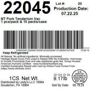 NT Pork Tenderloin Vac 1 pcs/pack & 10 packs/case