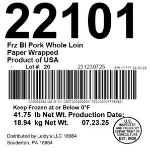 Frz BI Pork Whole Loin Paper Wrapped