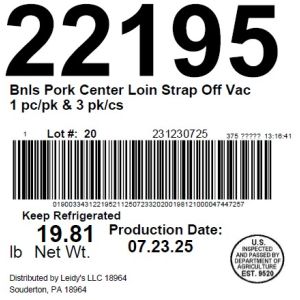 Bnls Pork Center Loin Strap Off Vac 1 pc/pk & 3 pk/cs